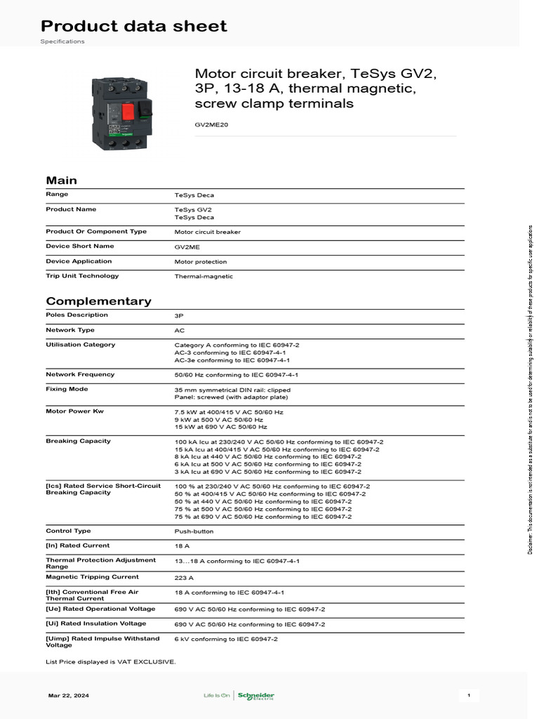 TeSys GV2ME20 Motor Circuit Breaker | PDF | Alternating Current ...