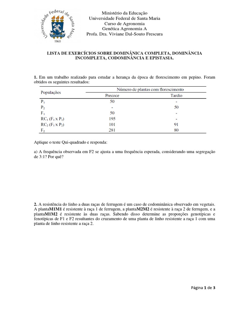 Lista Sobre Dominância Completa, Dominância Incompleta e Codominância ...