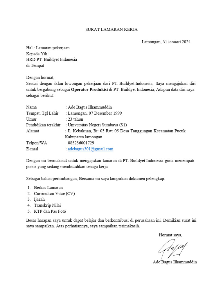 Surat Lamaran Kerja Pt. Buildyet Indonesia | PDF