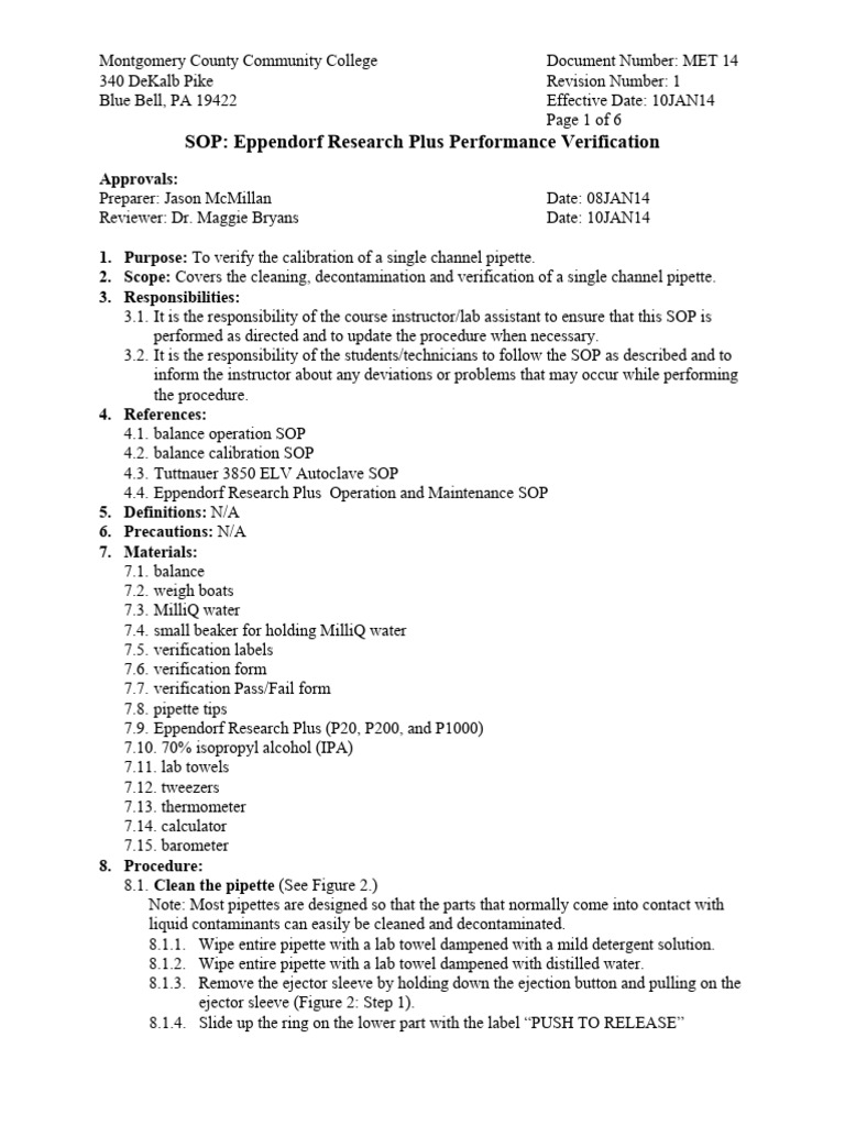 SOP For Calibration and Verification of Eppendorf Pipette PDF Volume