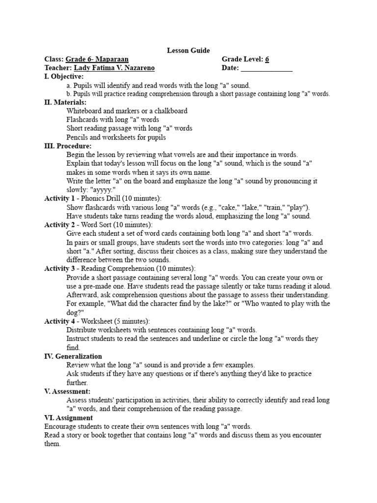 Long A Sound | PDF | Reading Comprehension | Learning