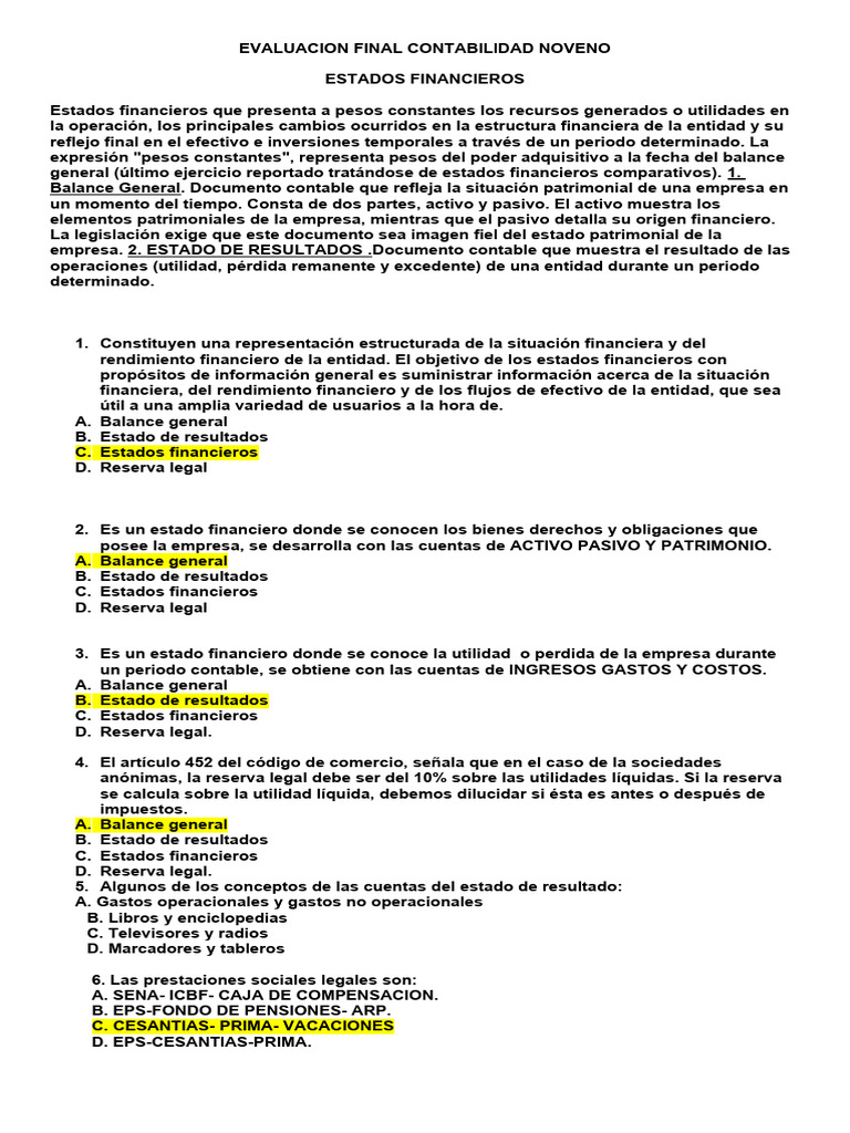Evaluacion Final Contabilidad Noveno | PDF | Contabilidad | Estado ...