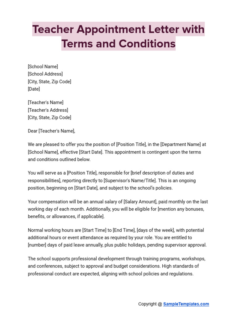 Teacher Appointment Letter With Terms and Conditions | PDF