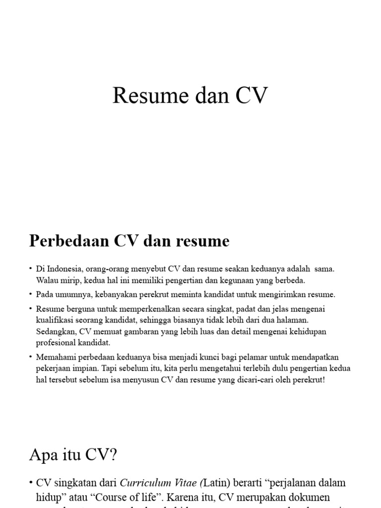 Perbedaan Resume dan CV di Indonesia | PDF | Karier & Perkembangan | Seni