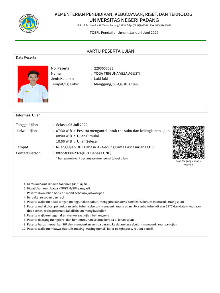 Kartu Peserta TOEFL UNP 2022 | PDF