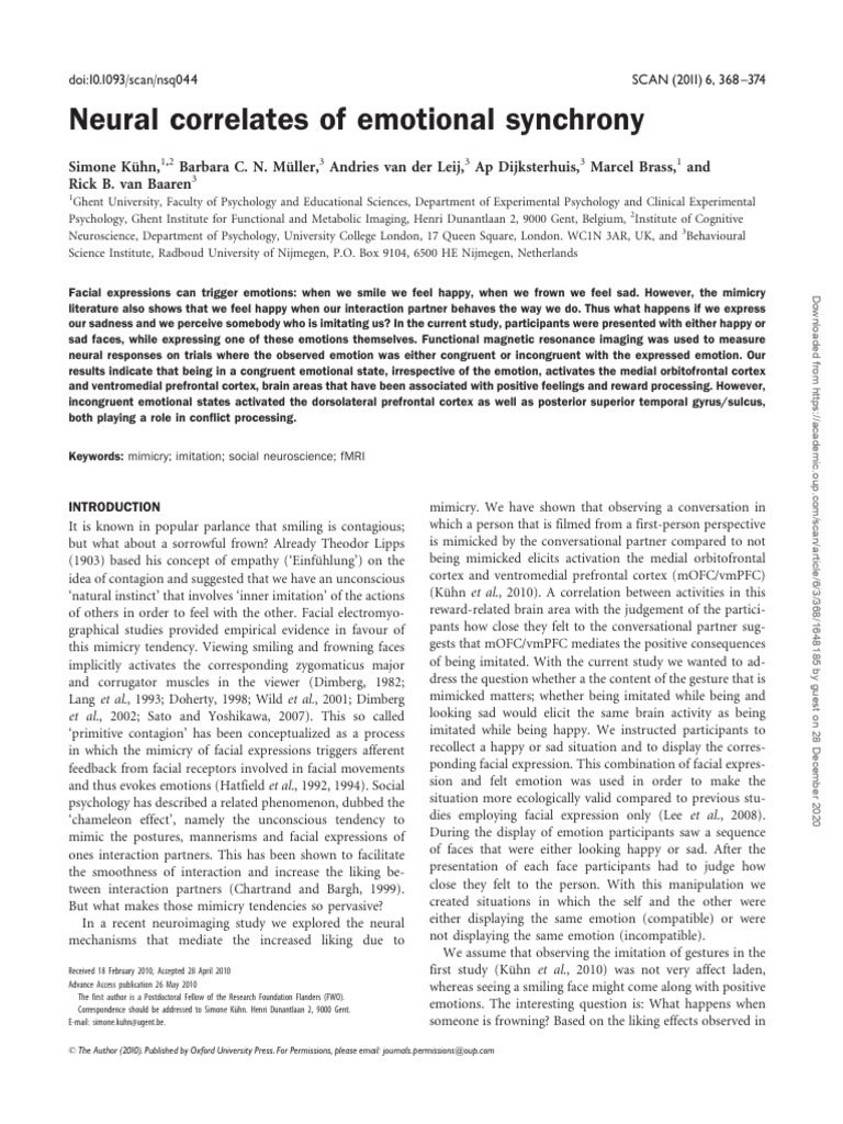 Emotional Synchrony in the Brain | PDF | Functional Magnetic Resonance ...