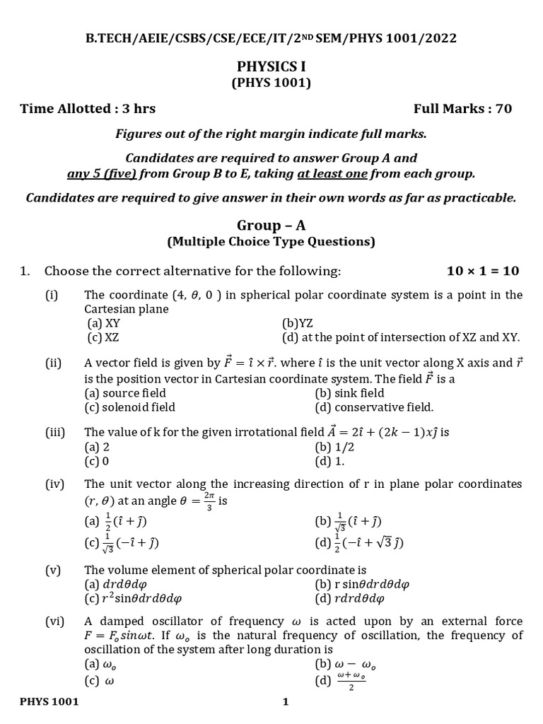 Physics I Exam Questions for B.Tech 2nd Sem | PDF | Waves | Magnetic Field