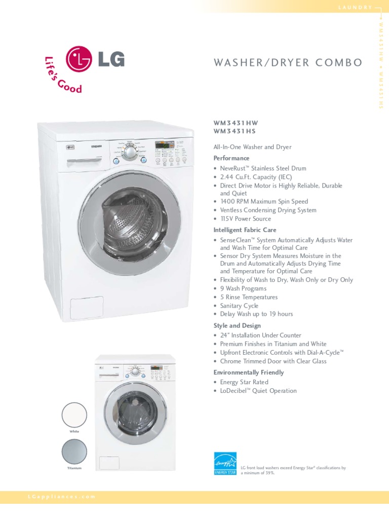 LG WM3431HS WasherDryer Combo Brochure PDF Washing Machine