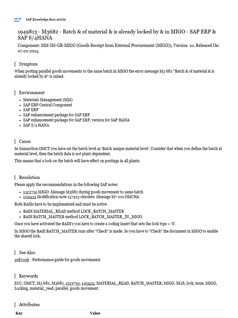 M3682 batch of material is already locked by in migo sap erp
