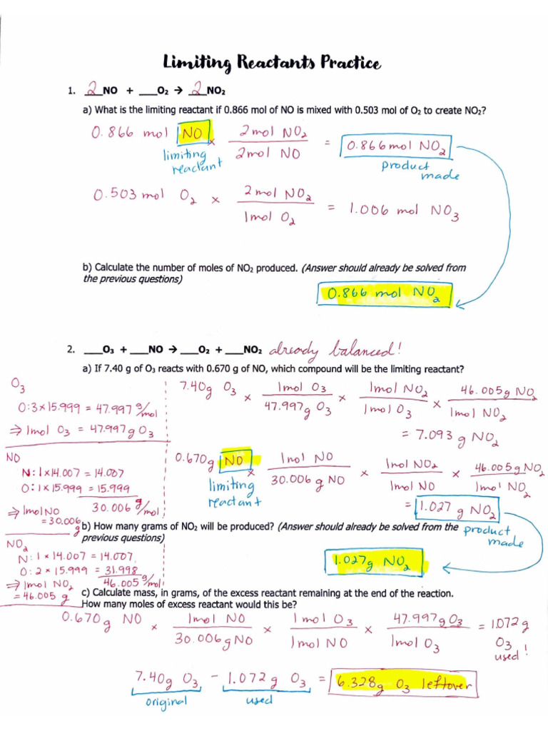 Limiting Reactants Practice Answer Key Pdf
