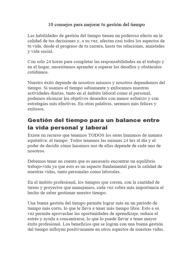 10 Consejos para Mejorar Tu Gestión Del Tiempo | PDF | Gestión del ...