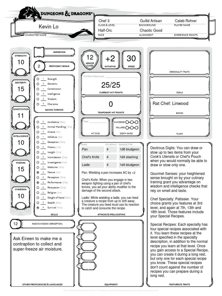 Half-Orc Chef Character Sheet | PDF | Cakes | Foods