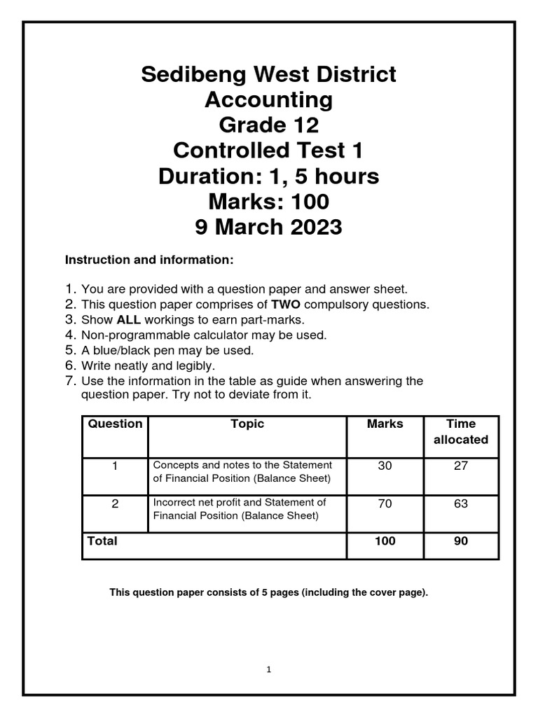 2023 Grade 12 Controlled Test 1 QP PDF Dividend Balance Sheet