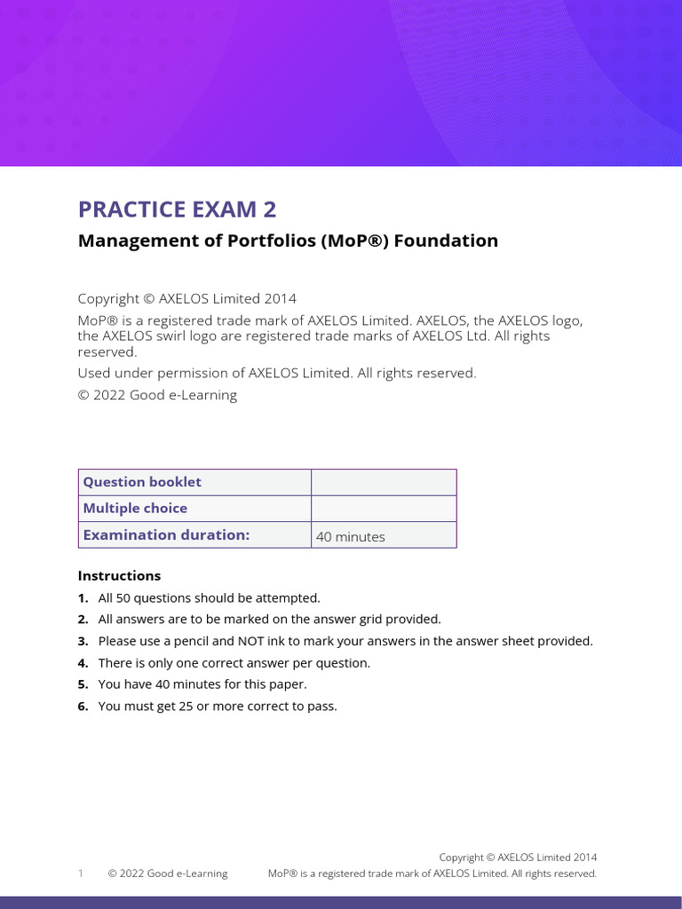 MoP Practice exam 2_Question booklet PDF Project Management