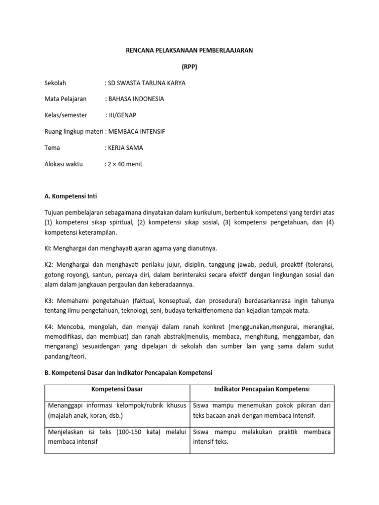 RPP Membaca Intensif Kelas 3 SD | PDF