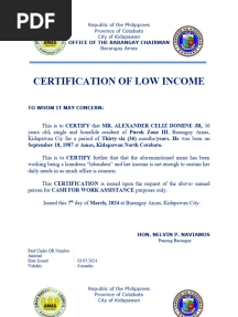 Certificate of Low Income