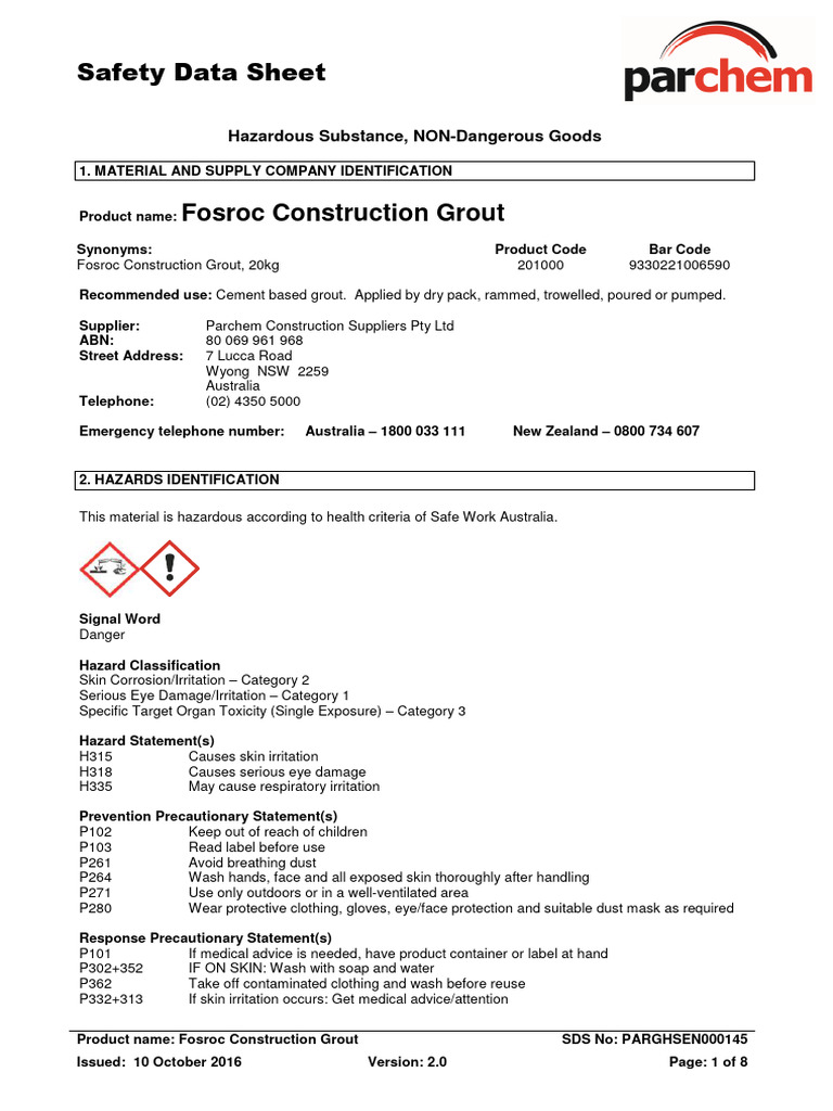 Fosroc Construction GroutAus Ghs PDF Dangerous Goods Toxicity