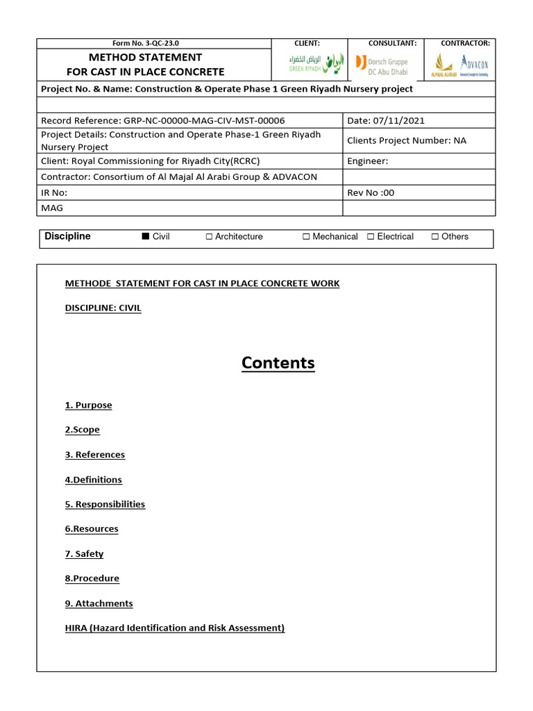 Method statement for concrete work pdf concrete materials