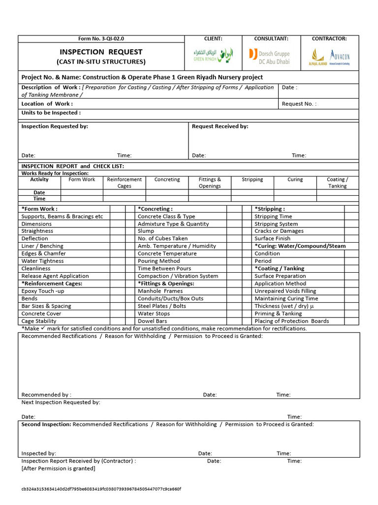 3-QI-02.0 Inspection Request - Cast In-Site Structures | PDF