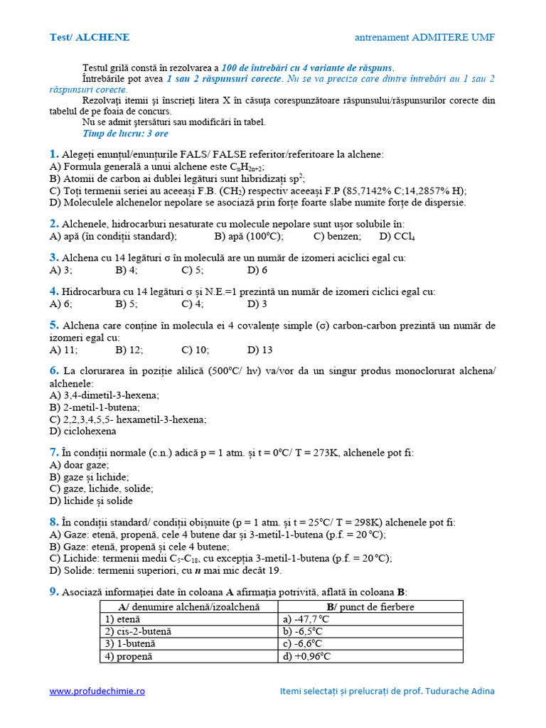 Test ALCHENE UMF + BAREM | PDF