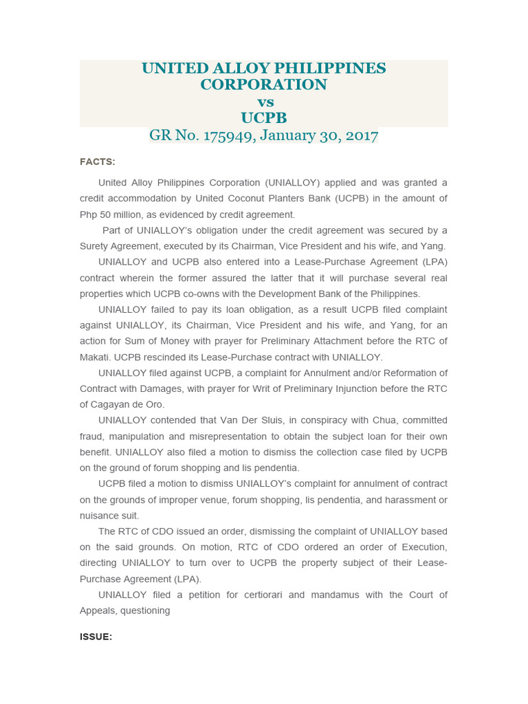 UNIALLOY vs UCPB: Loan Obligation Ruling | PDF | Interest | Loans