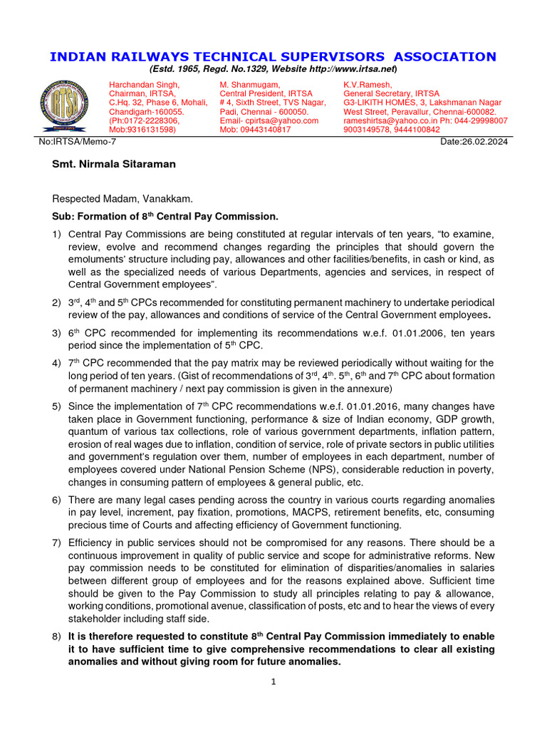 Urgent Request for 8th CPC Formation | PDF | Cost Of Living | Employment