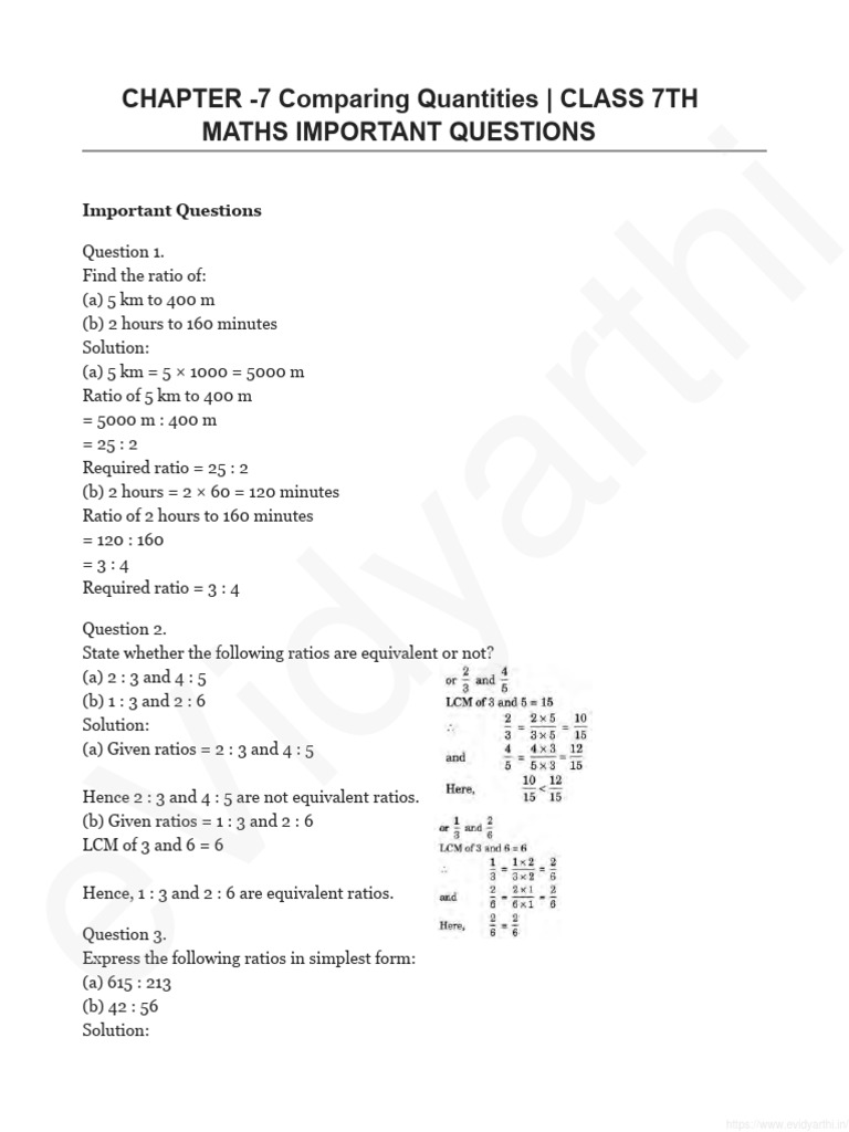 Class 7 Ratio and Proportion Questions | PDF | Ratio | Mathematics