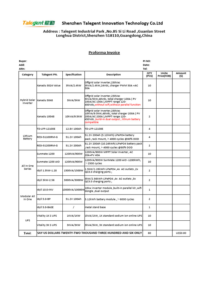 Talegent Solar Inverter Proforma Invoice | PDF | Battery Charger ...