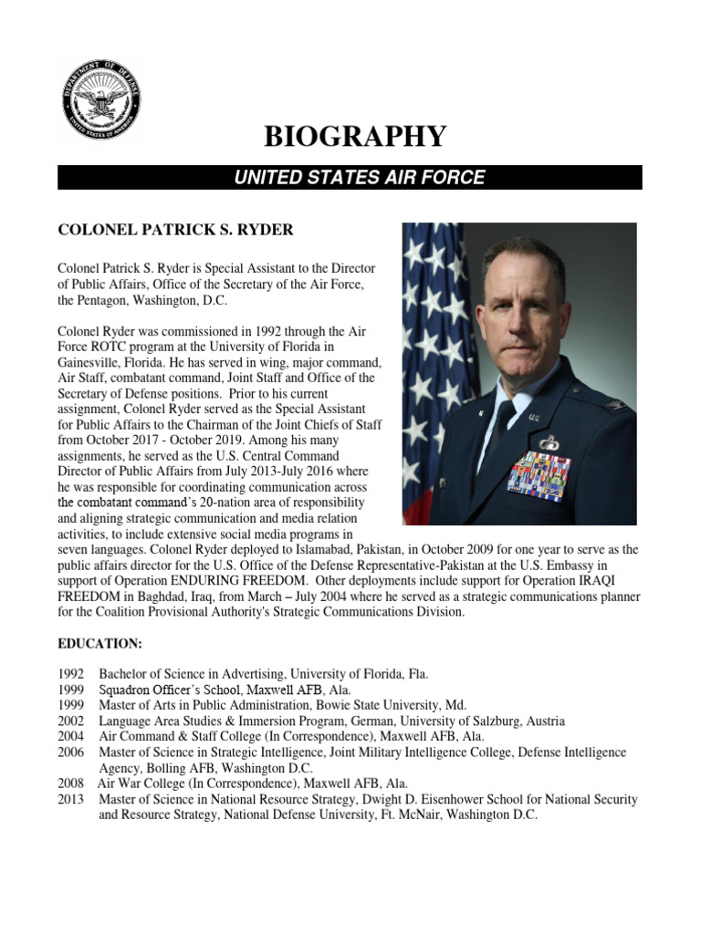 Col Pat Ryder Bio Oct 2019 PDF Joint Chiefs Of Staff Chairman Of