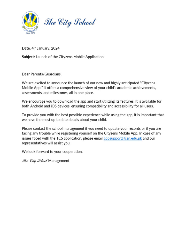 Cityzens Mobile Application Letter To Parents | PDF