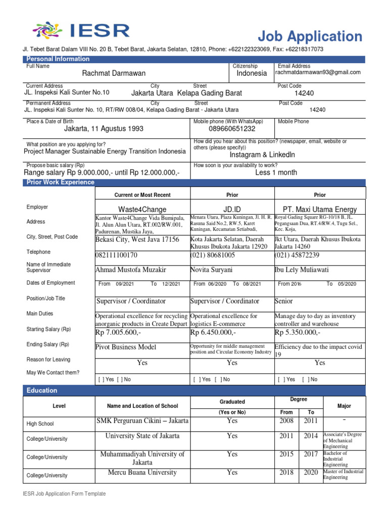 IESR Job Application Form Template | PDF | Jakarta | Business