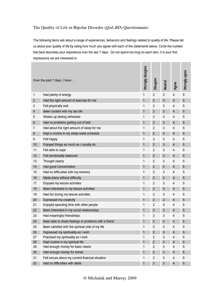 QoL.BD Questionnaire Overview | PDF | Quality Of Life | Feeling