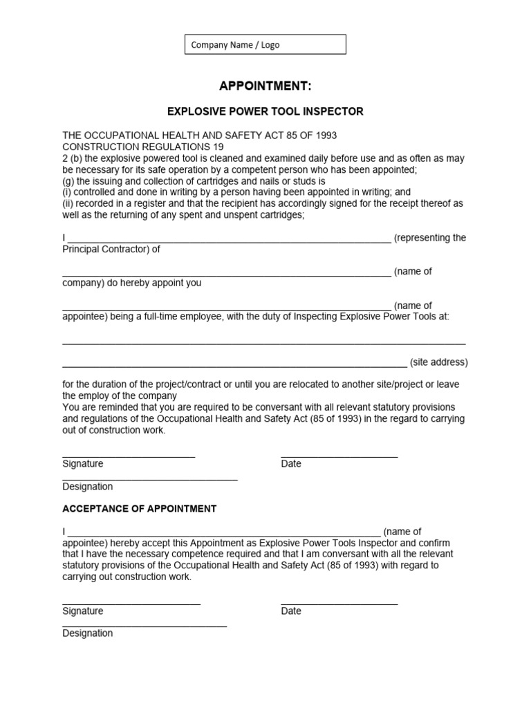 Explosive Power Tool Inspector Appointment | PDF