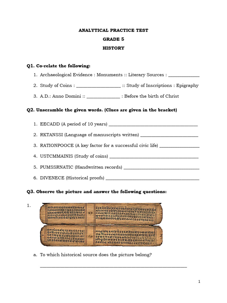 Grade 5 History Analytical Practice Test Question Key PDF
