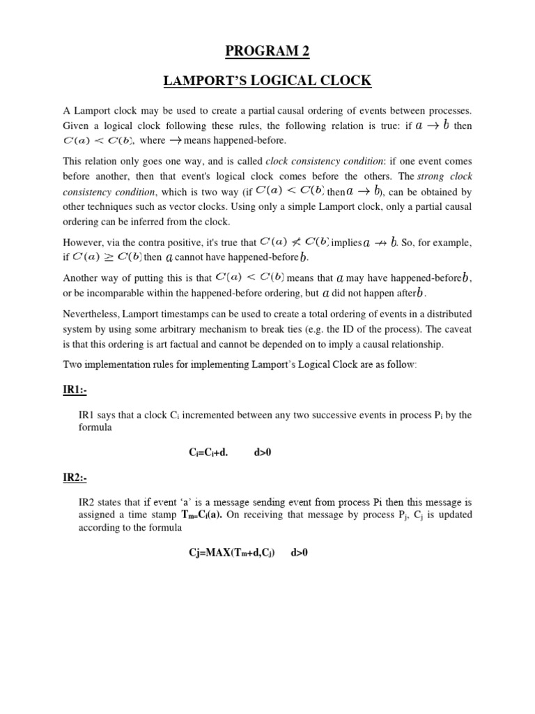 Program 2 Lamport'S Logical Clock: Consistency Condition, Which Is Two ...