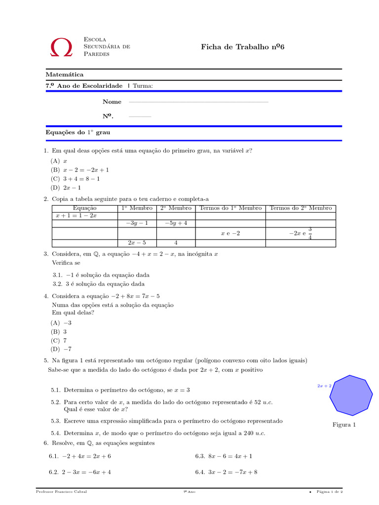 1-7C-2023-2024-Ficha-6 | PDF | Equações | Matemática elementar