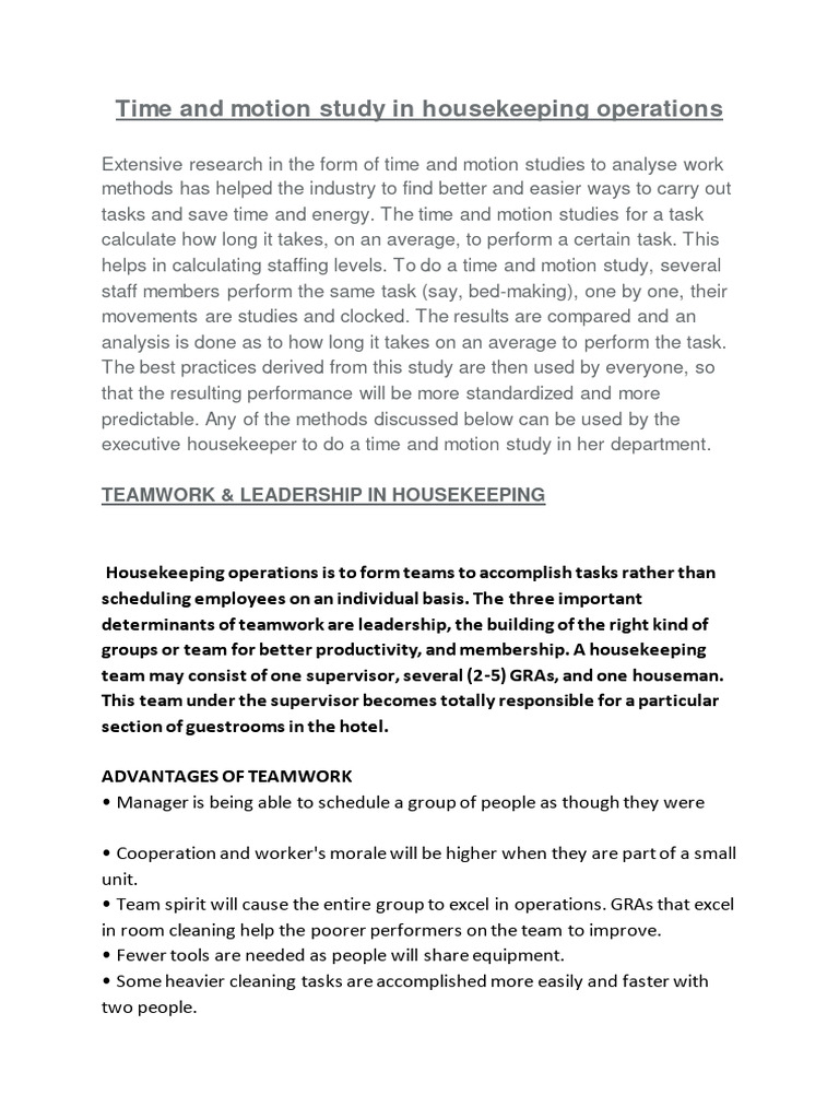 Time and Motion Study in Housekeeping | PDF | Leadership | Housekeeping