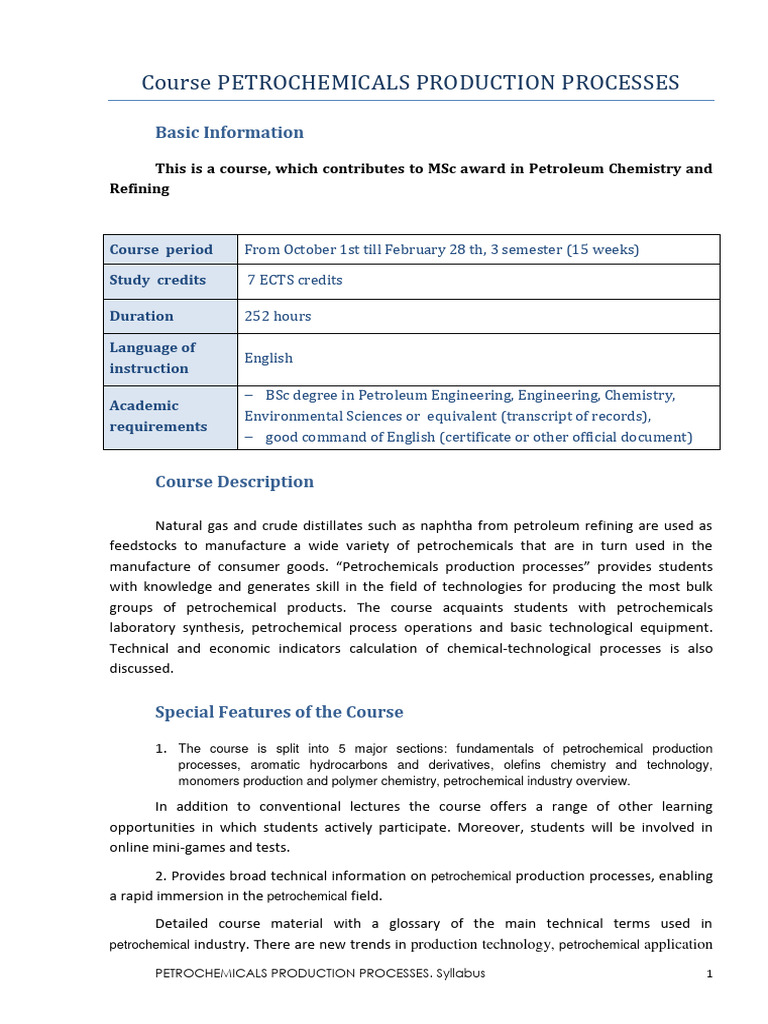 Petrochemicals Production Course Syllabus | PDF | Oil Refinery ...