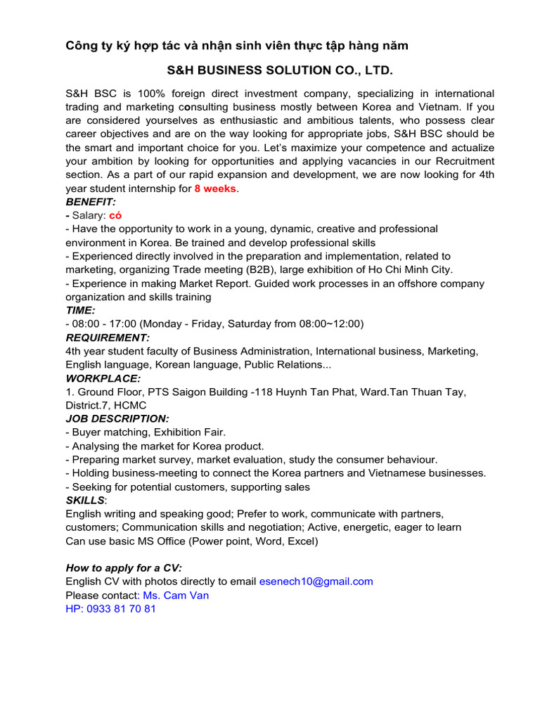 S&H BSC Internship for 4th Year Students | PDF | Career & Growth