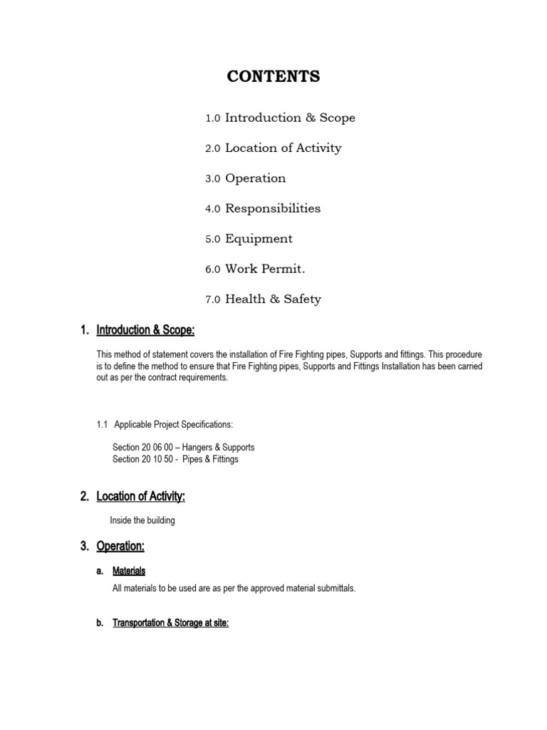 Fire Fighting Pipe Installation Method Statement | PDF | Pipe (Fluid ...