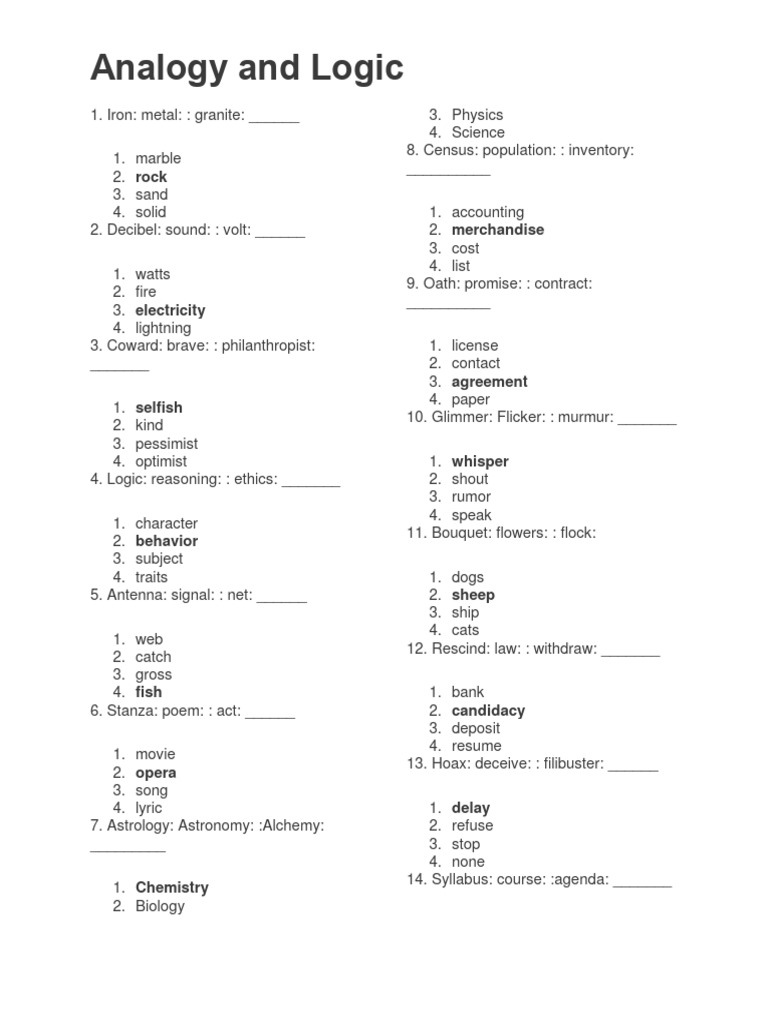 Analogy and Logic Exercises | PDF