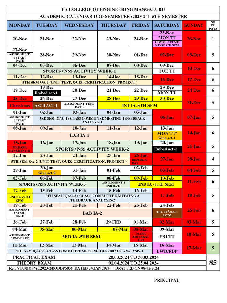 2023-24 Odd Semester Calendar: 5th Sem | PDF