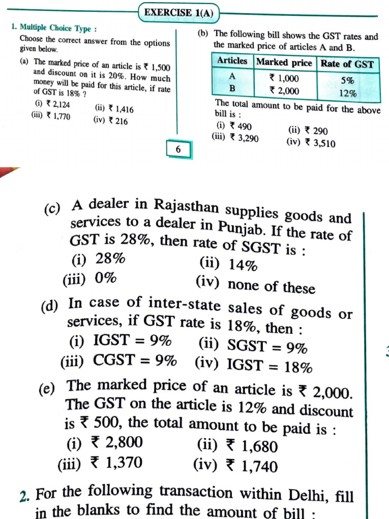 Gst Calculations And Multiple Choice Questions Pdf Value Added Tax