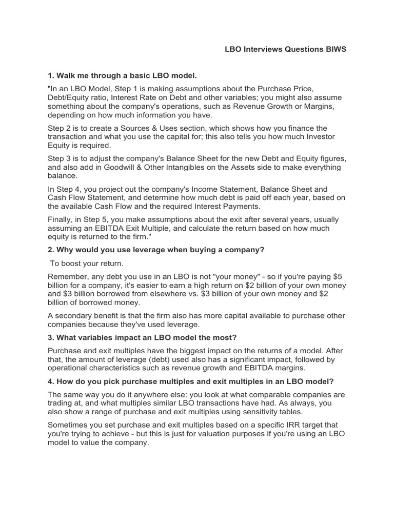 LBO Interviews Questions BIWS | PDF | Leveraged Buyout | Equity (Finance)