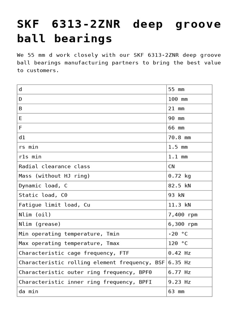 SKF 6313-2ZNR Bearing Specifications | PDF
