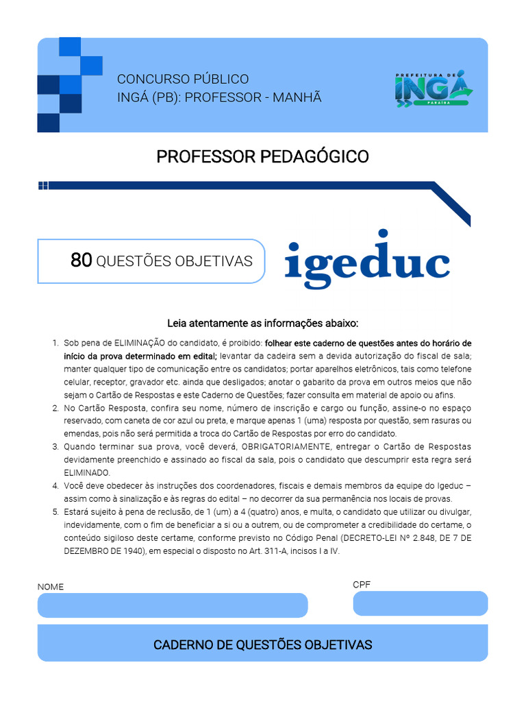 Igeduc 2023 Prefeitura de Inga PB Professor Pedagogico Prova | PDF ...