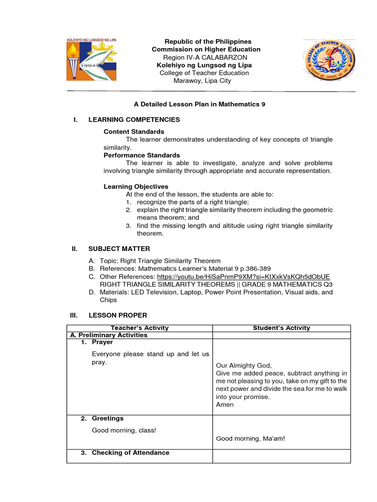 Right Triangle Similarity Lesson Plan | PDF | Elementary Geometry ...