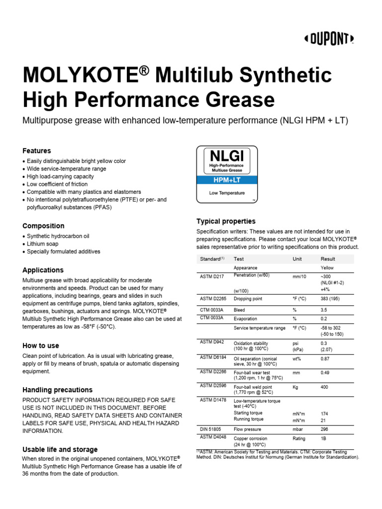 MOLYKOTE Multilub Synthetic High Performance Grease 011050A01 PDF