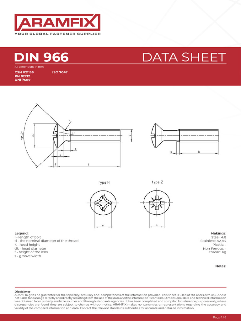 DIN 966 and ISO 7047 Fastener Data Sheet | PDF