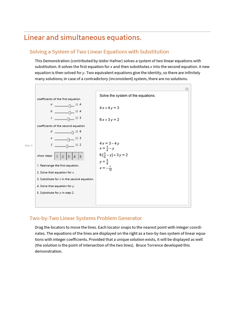 Solving Linear Equations with Substitution | PDF | Equations | System ...